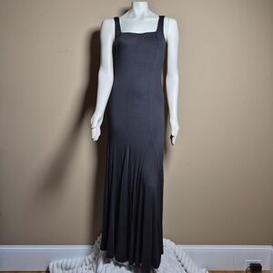 Black Square Neck Maxi Dress Sleeveless Godet Hem Gown SUM8303A Large